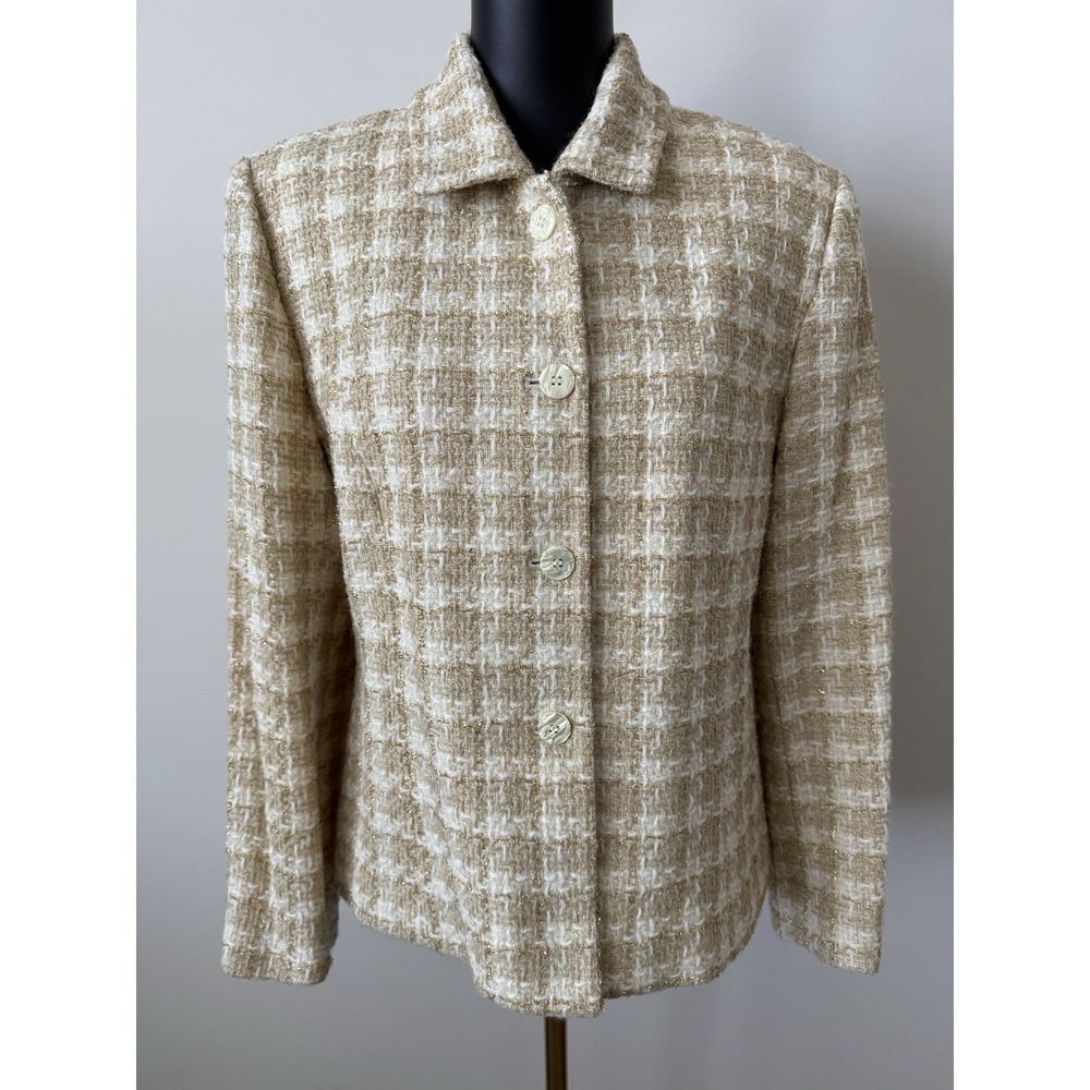 Peter Nygard Women's 12 Tweed Jacket Cream/Tan/Gold Metallic Check Pattern NWOT